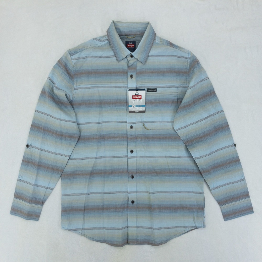 Wrangler Outdoor Shirt Mens Medium Blue Striped Convertible Sleeve FraserUp